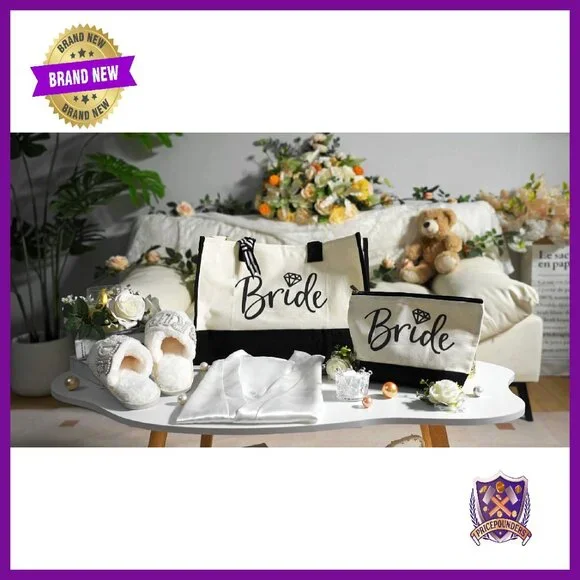 Bridal Robe Slippers Tote Makeup Bag Set Silk Canvas Pearl Decor